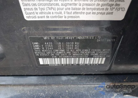 2011 Subaru Legacy 2.5I z USA, uszkodzony, nr VIN 4S3BMBA6XB3250150